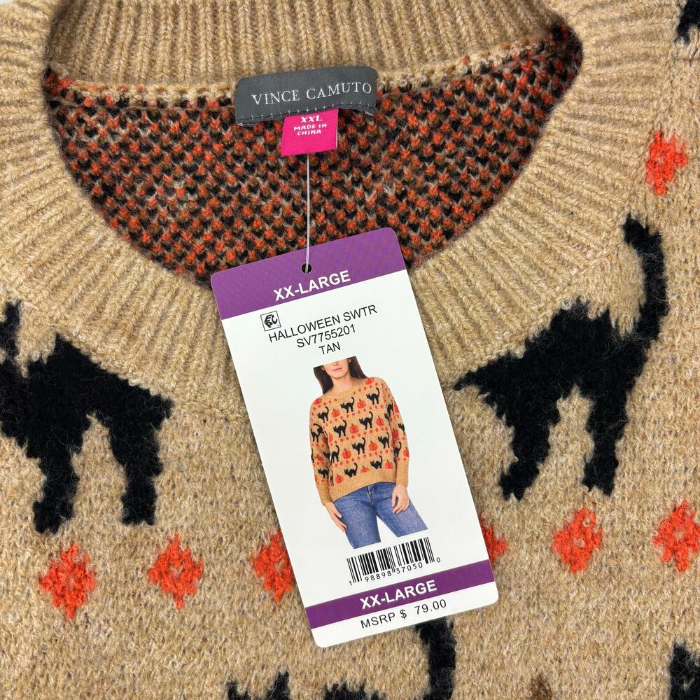 Vince Camuto Sz XXL Womens Sweater Black Cat Pumpkin Halloween Crewneck Fall - Picture 8 of 16